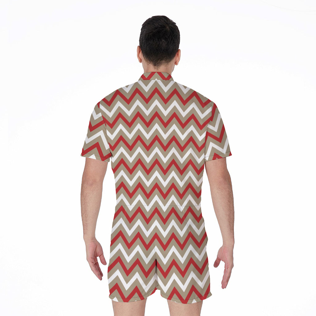 White Beige And Red Chevron Print Men's Rompers
