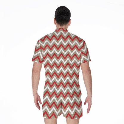 White Beige And Red Chevron Print Men's Rompers
