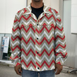 White Beige And Red Chevron Print Men's Shirt Jacket