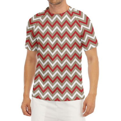 White Beige And Red Chevron Print Men's Short Sleeve Rash Guard