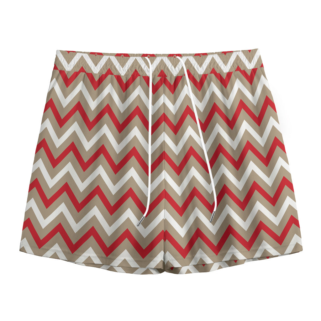 White Beige And Red Chevron Print Mesh Shorts
