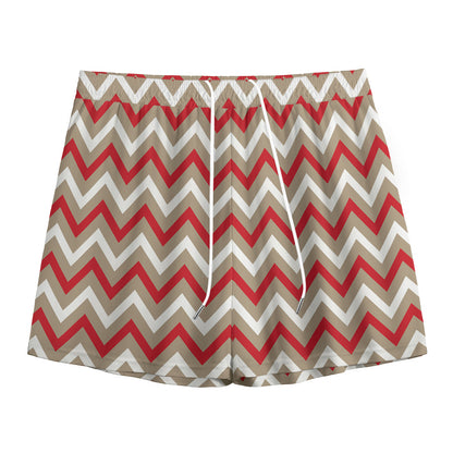 White Beige And Red Chevron Print Mesh Shorts