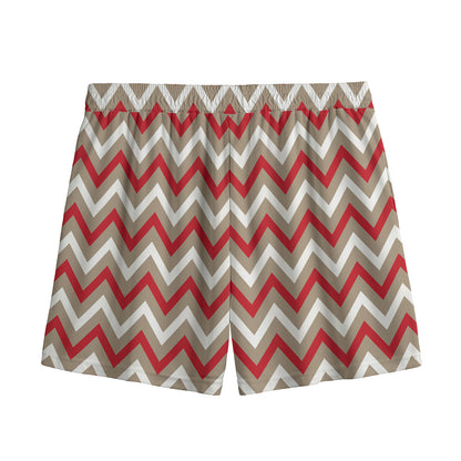 White Beige And Red Chevron Print Mesh Shorts