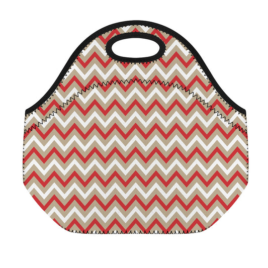 White Beige And Red Chevron Print Neoprene Lunch Bag