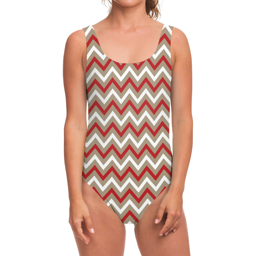 White Beige And Red Chevron Print One Piece Swimsuit