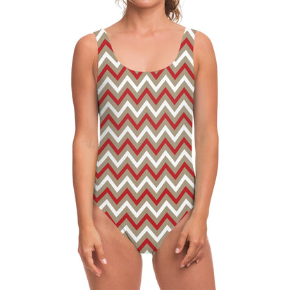 White Beige And Red Chevron Print One Piece Swimsuit