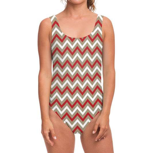 White Beige And Red Chevron Print One Piece Swimsuit