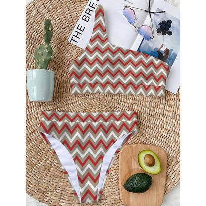 White Beige And Red Chevron Print One Shoulder Bikini Top
