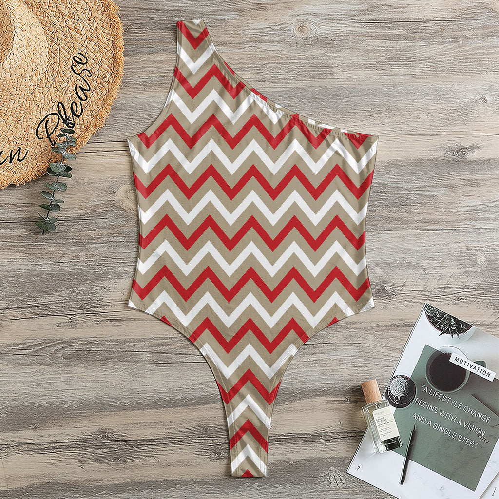 White Beige And Red Chevron Print One Shoulder Bodysuit