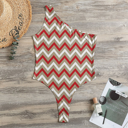 White Beige And Red Chevron Print One Shoulder Bodysuit