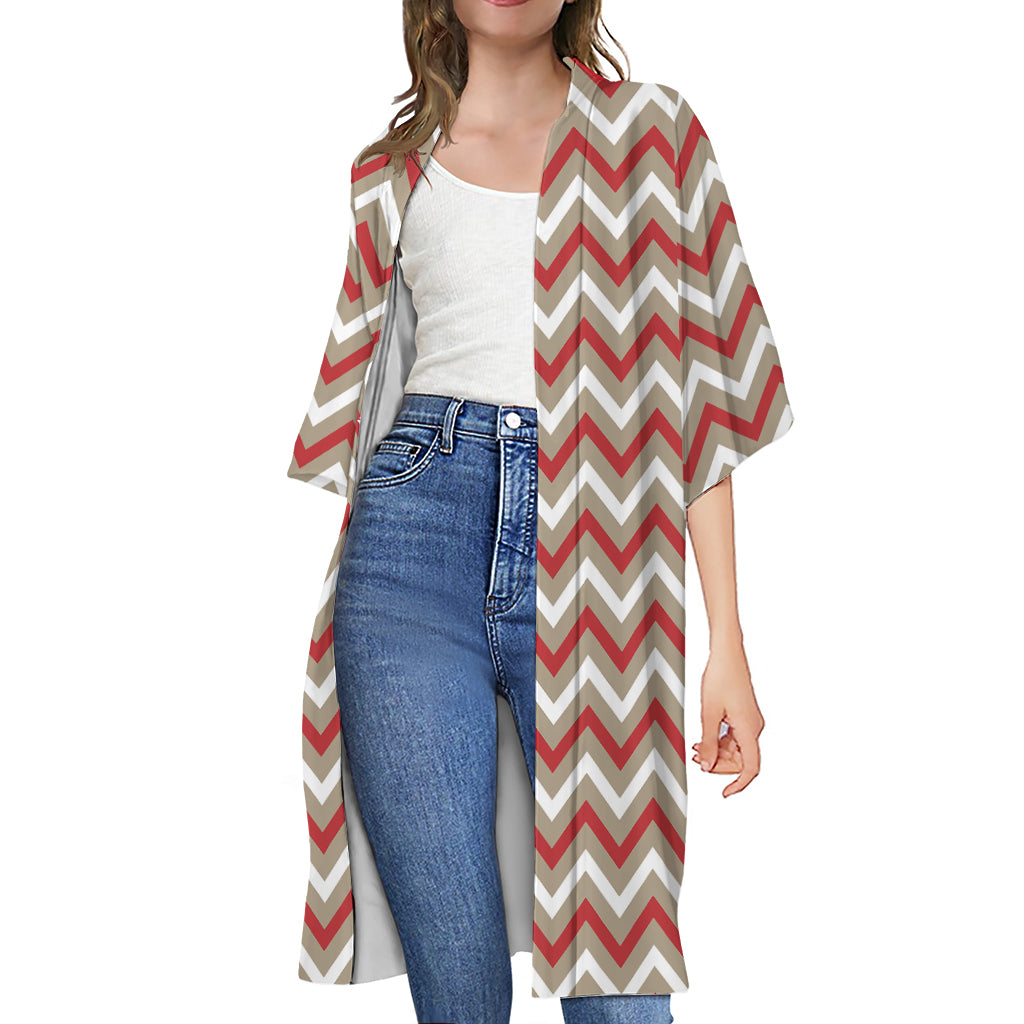 White Beige And Red Chevron Print Open Front Beach Cover Up