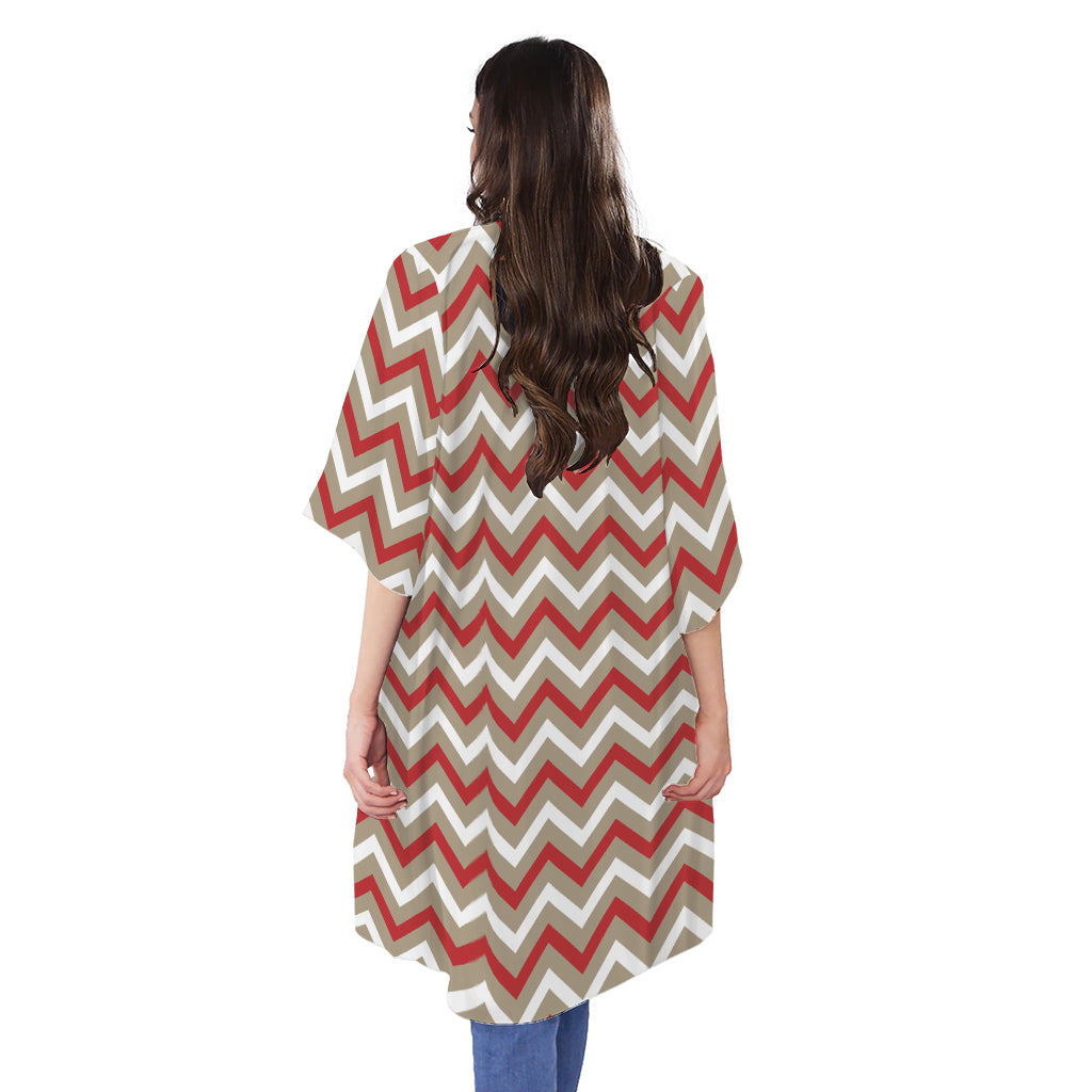 White Beige And Red Chevron Print Open Front Beach Cover Up