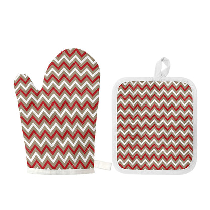 White Beige And Red Chevron Print Oven Mitt And Pot Holder Set