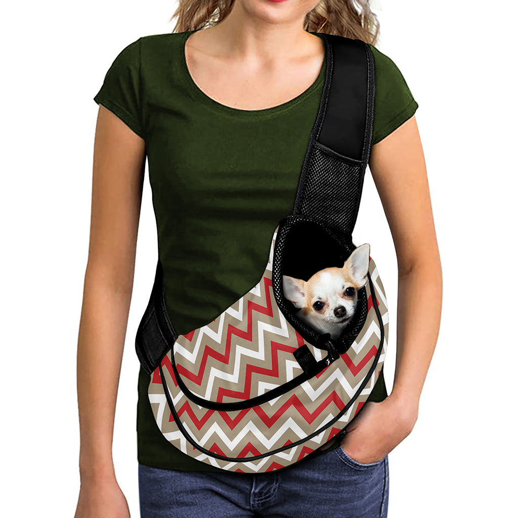 White Beige And Red Chevron Print Pet Sling Carrier