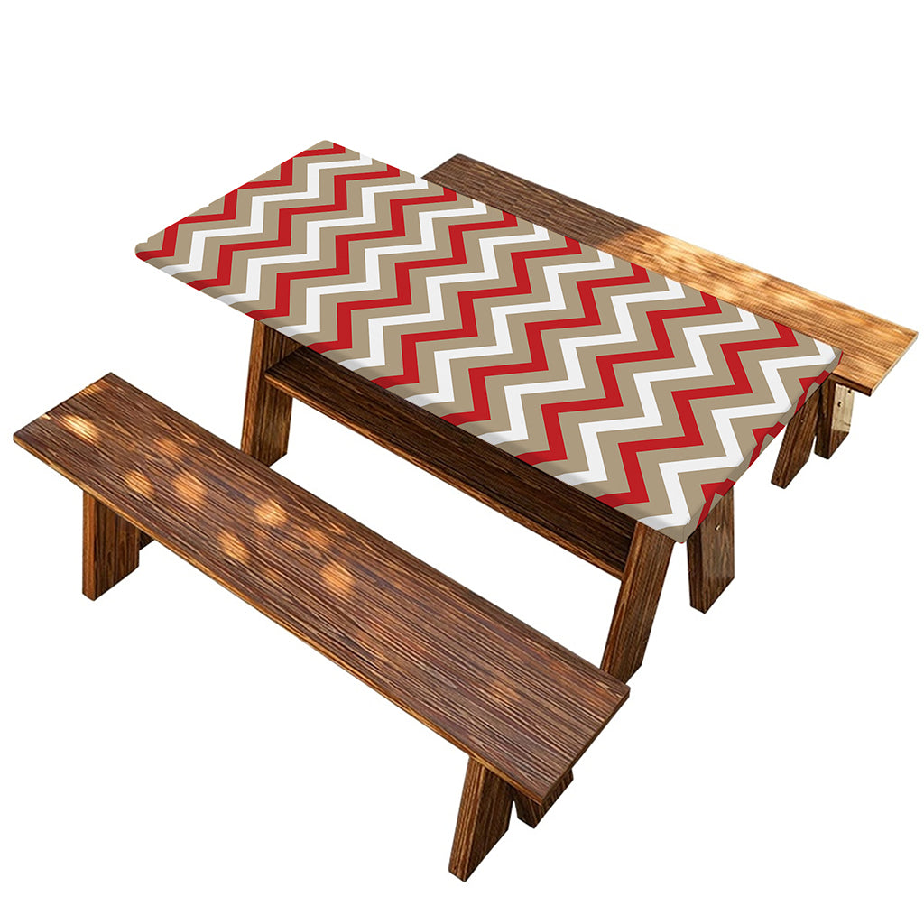 White Beige And Red Chevron Print Picnic Table Cover