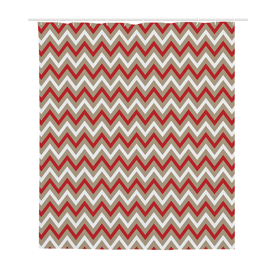 White Beige And Red Chevron Print Polyester Shower Curtain