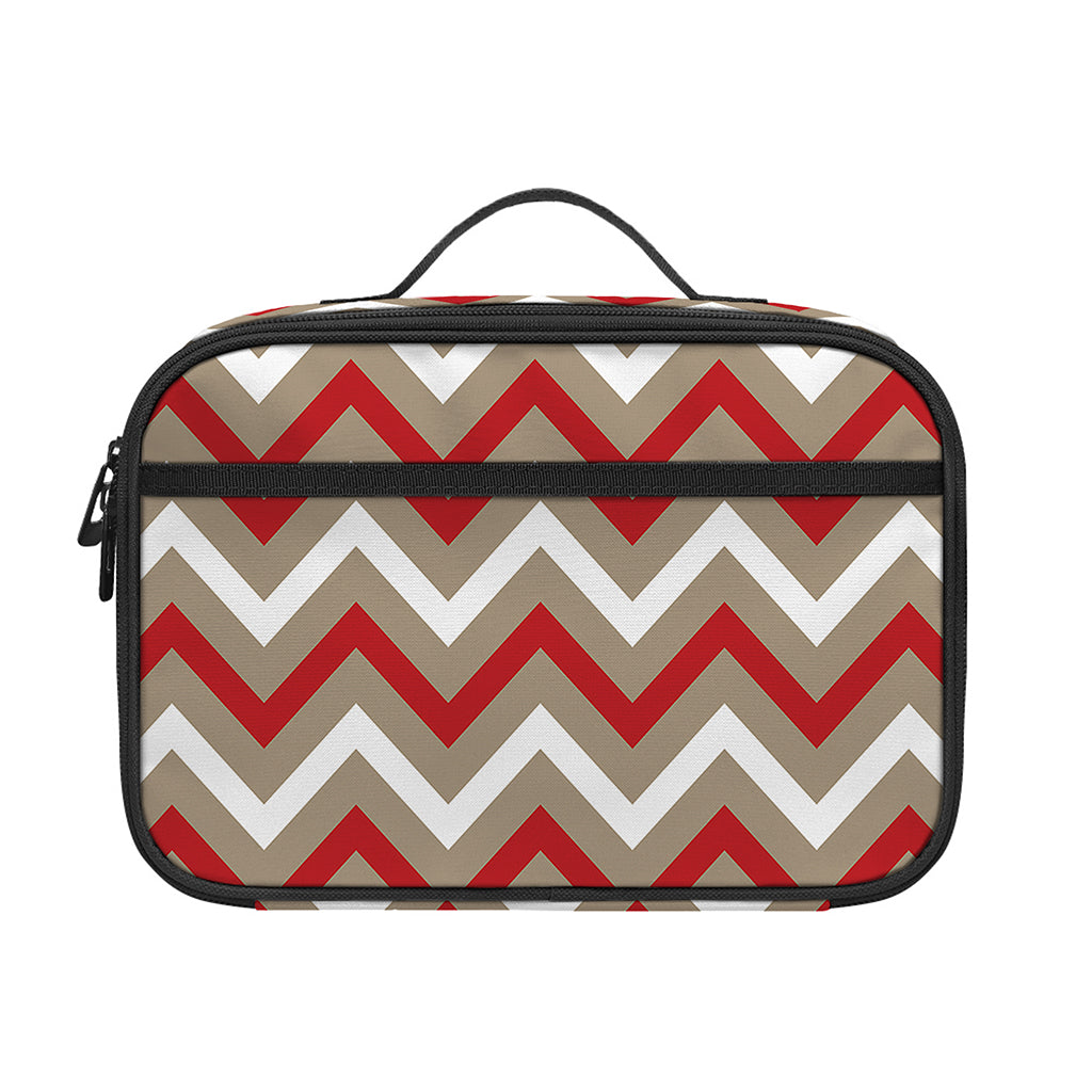 White Beige And Red Chevron Print Portable Lunch Bag