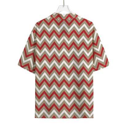 White Beige And Red Chevron Print Rayon Hawaiian Shirt