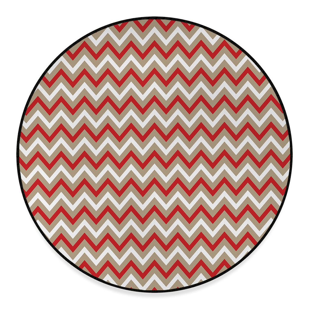 White Beige And Red Chevron Print Round Floor Mat