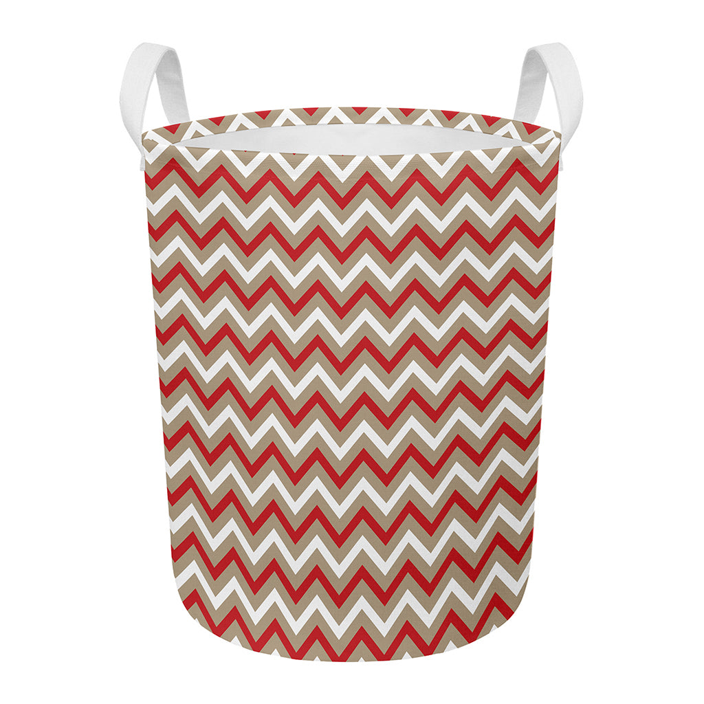 White Beige And Red Chevron Print Round Laundry Basket