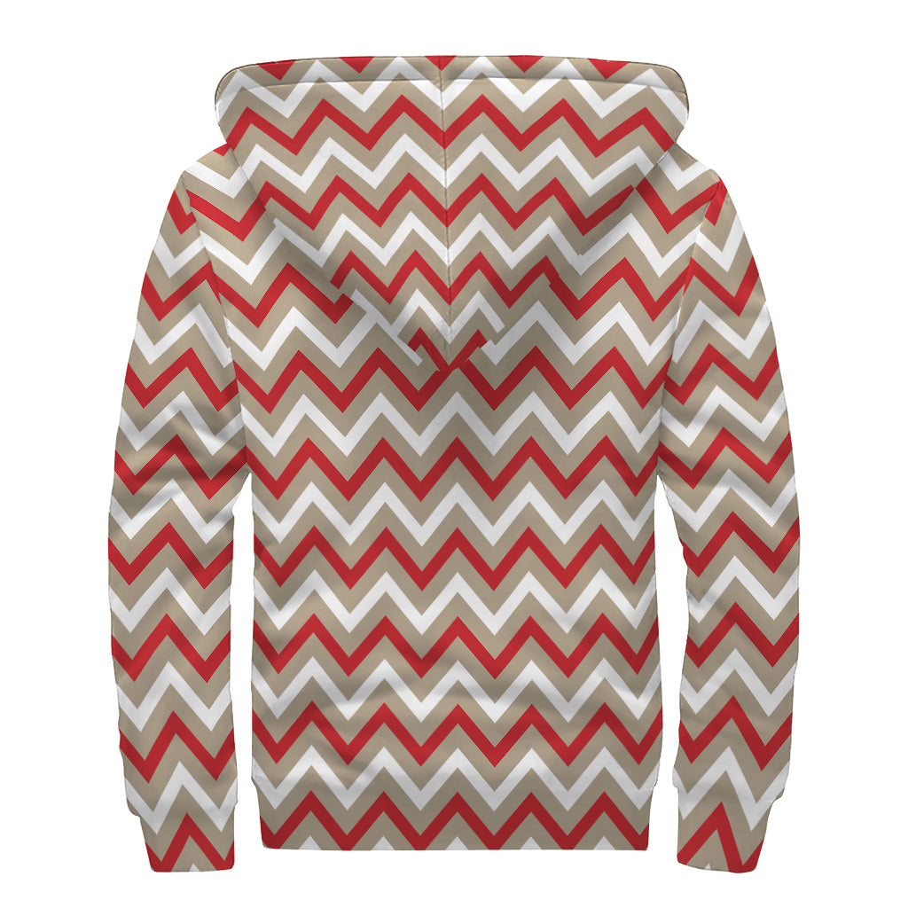 White Beige And Red Chevron Print Sherpa Lined Zip Up Hoodie