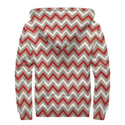 White Beige And Red Chevron Print Sherpa Lined Zip Up Hoodie