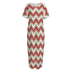 White Beige And Red Chevron Print Short Sleeve Long Nightdress