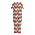 White Beige And Red Chevron Print Short Sleeve Long Nightdress