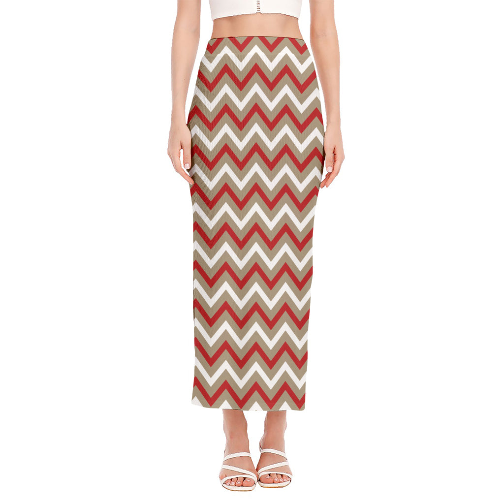 White Beige And Red Chevron Print Side Slit Maxi Skirt