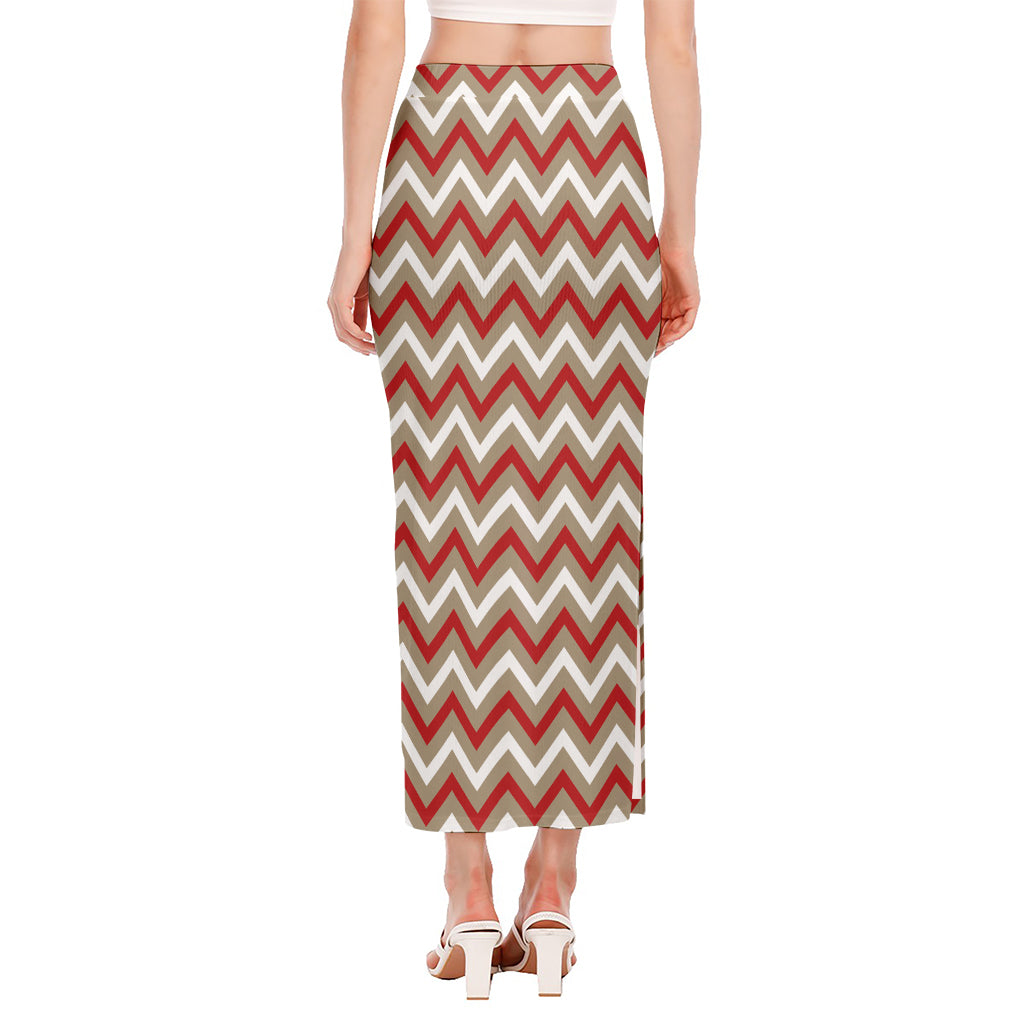 White Beige And Red Chevron Print Side Slit Maxi Skirt