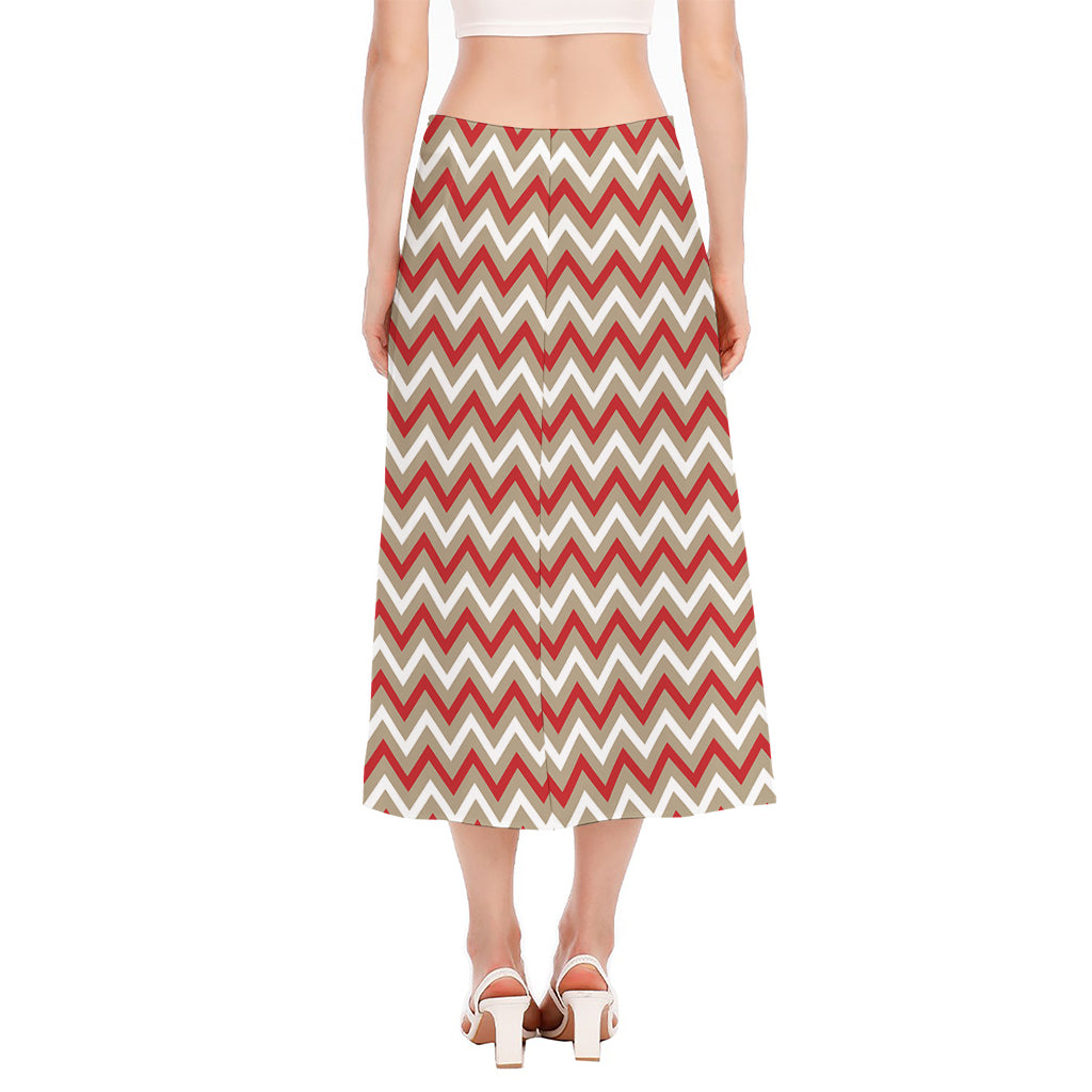 White Beige And Red Chevron Print Side Slit Midi Skirt