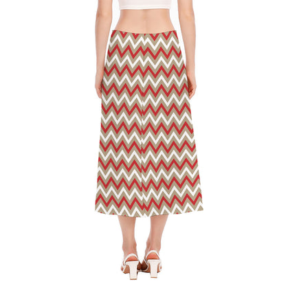 White Beige And Red Chevron Print Side Slit Midi Skirt