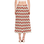 White Beige And Red Chevron Print Side Slit Midi Skirt
