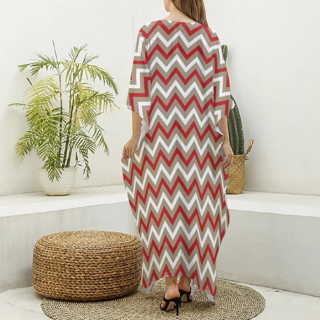 White Beige And Red Chevron Print Silk V-Neck Kaftan Dress