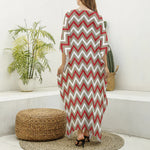 White Beige And Red Chevron Print Silk V-Neck Kaftan Dress