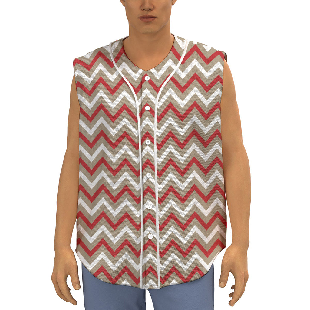 White Beige And Red Chevron Print Sleeveless Baseball Jersey