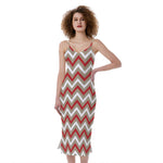 White Beige And Red Chevron Print Slim Fit Midi Cami Dress