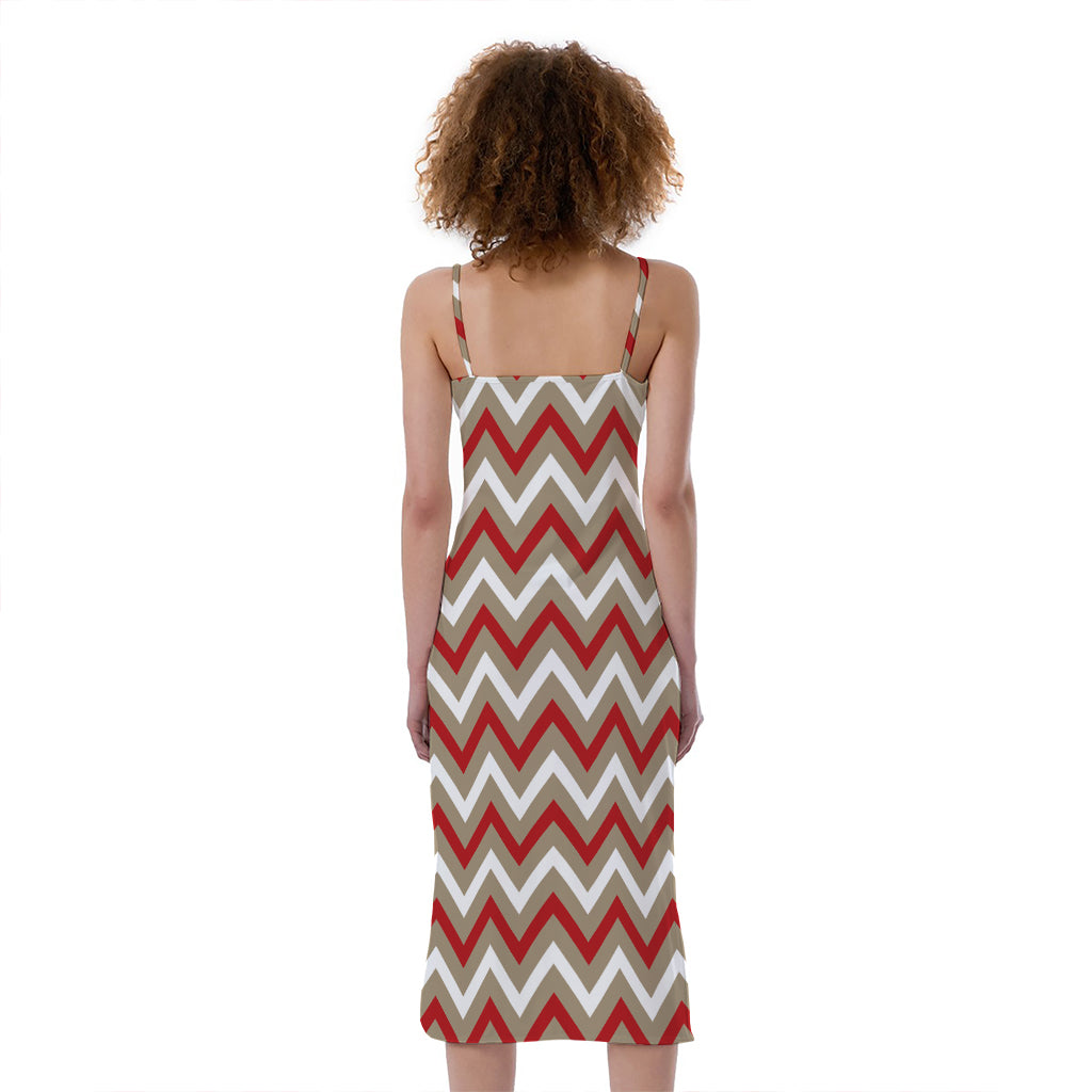 fitted lace wedding dress White Beige and Red Chevron Print Slim Fit Midi Cami Dress