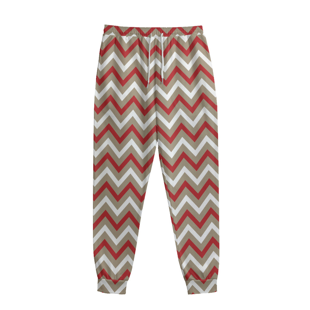 White Beige And Red Chevron Print Sweatpants