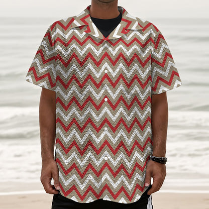 White Beige And Red Chevron Print Textured Short Sleeve Shirt