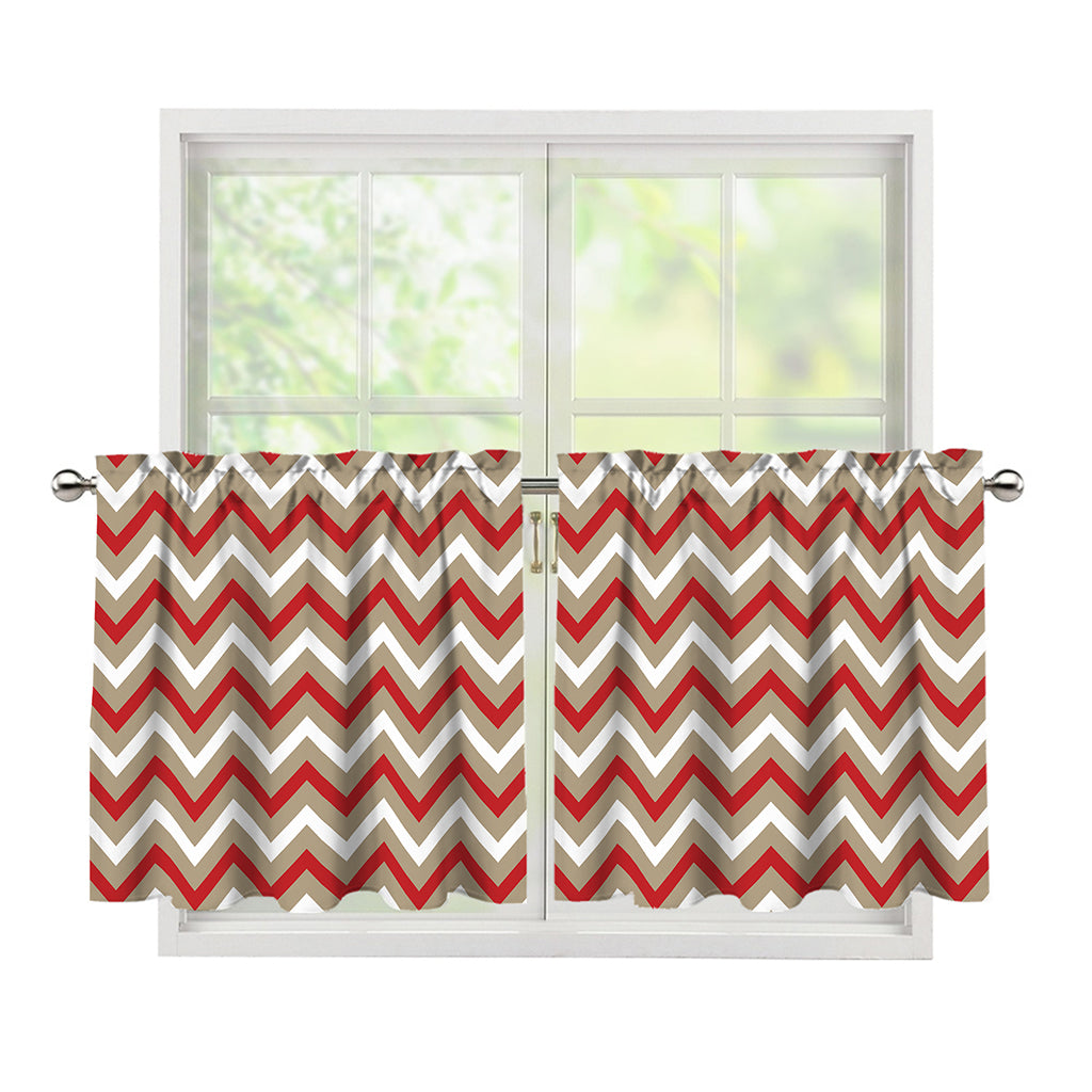 White Beige And Red Chevron Print Tier Curtains