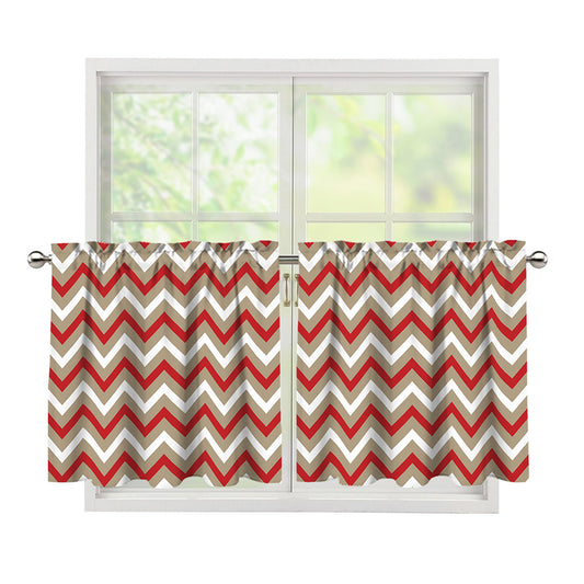 White Beige And Red Chevron Print Tier Curtains