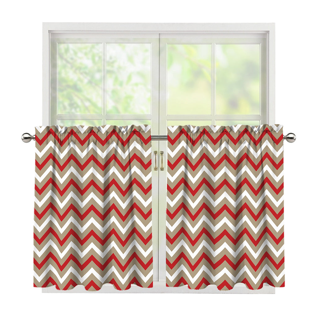 White Beige And Red Chevron Print Tier Curtains