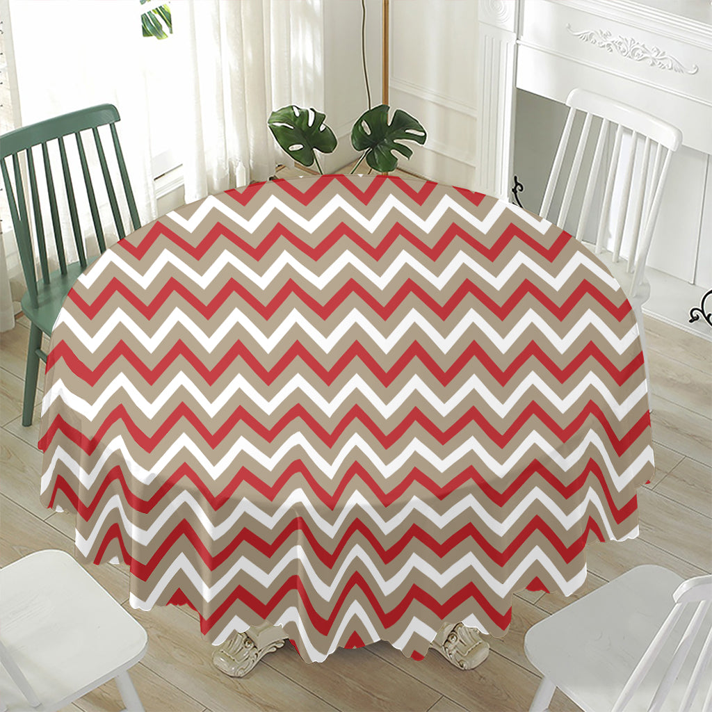 White Beige And Red Chevron Print Waterproof Round Tablecloth