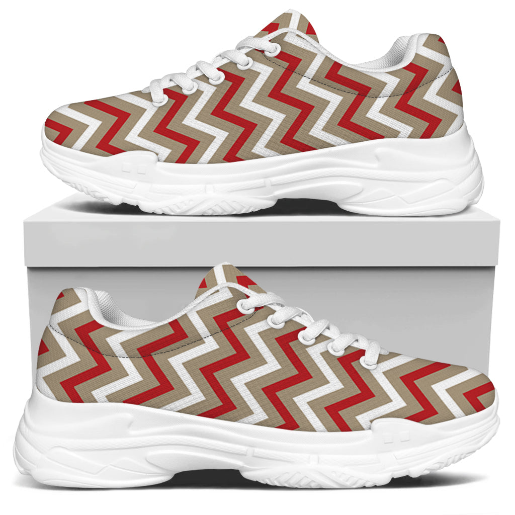 White Beige And Red Chevron Print White Chunky Shoes
