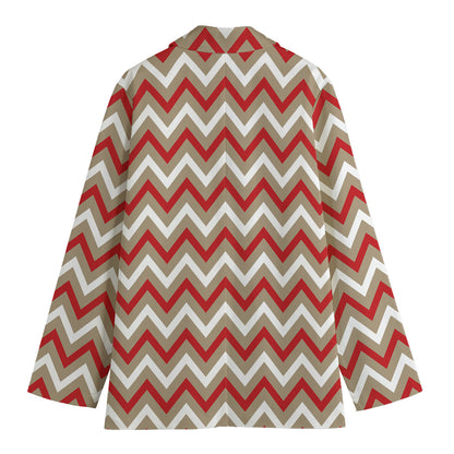 White Beige And Red Chevron Print Women's Blazer