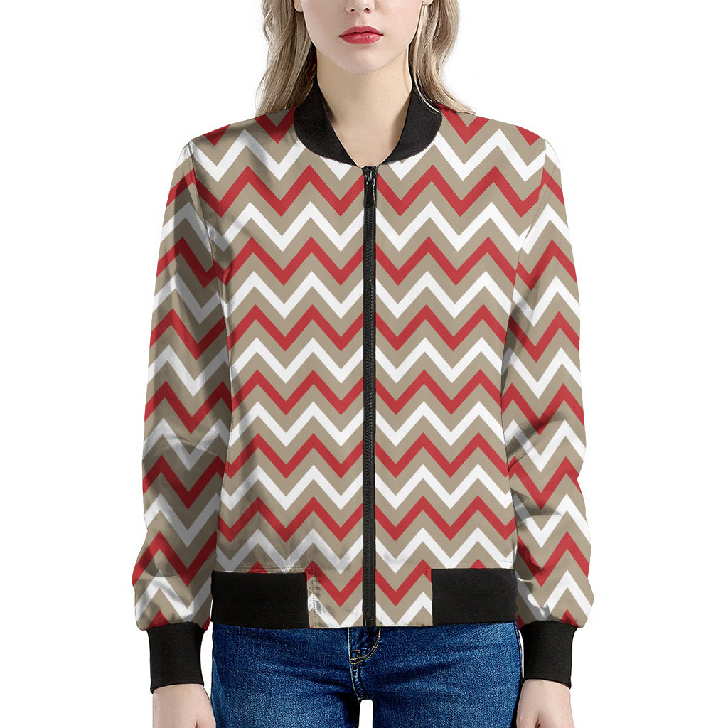 White Beige And Red Chevron Print Women's Bomber Jacket