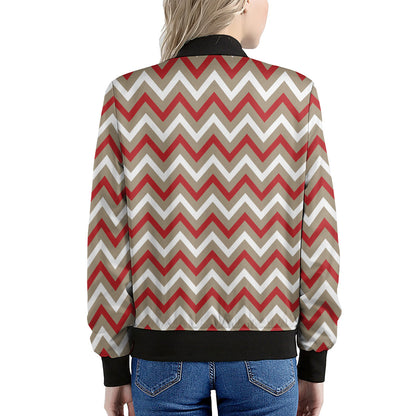 White Beige And Red Chevron Print Women's Bomber Jacket