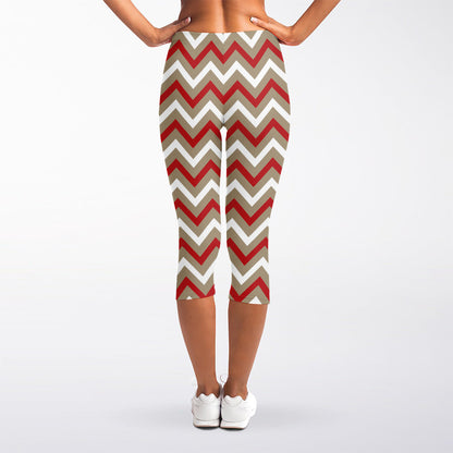 White Beige And Red Chevron Print Women's Capri Leggings