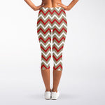 White Beige And Red Chevron Print Women's Capri Leggings